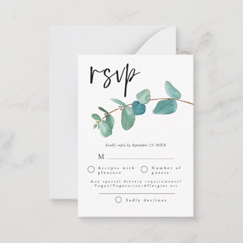 MINI SIZE  Blue Eucalyptus leaves Wedding RSVP Note Card