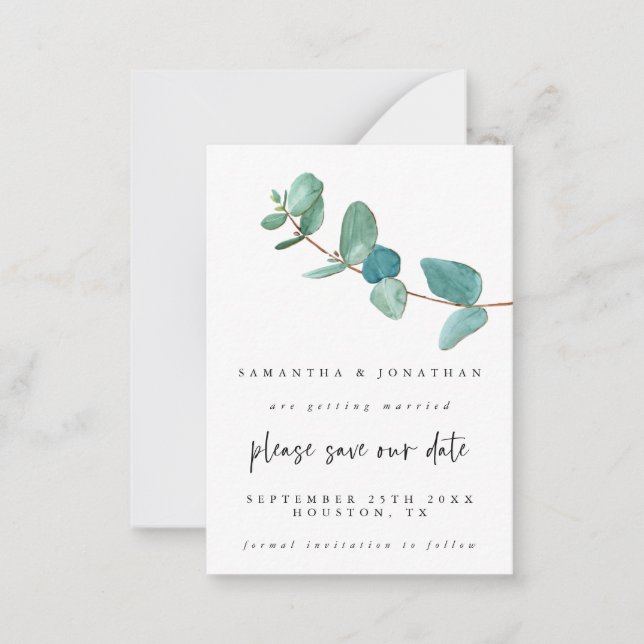 MINI SIZE | Eucalyptus Wedding Save The Date Note Card (Front)