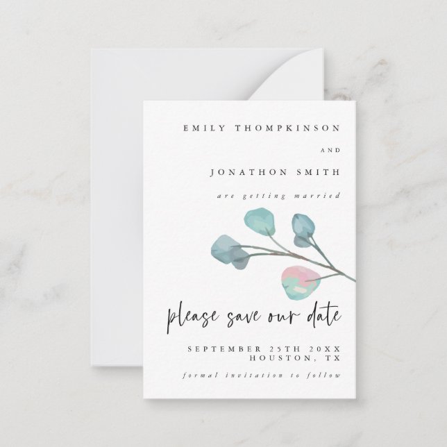 MINI SIZE Pastel Eucalyptus Wedding Save The Date Note Card (Front)