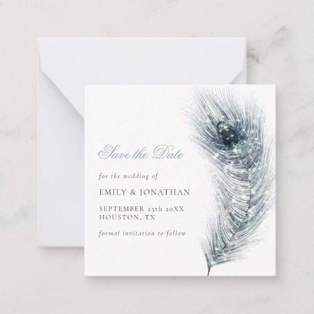 MINI SIZE | Peacock Feather Wedding Save The Date Note Card (Front)