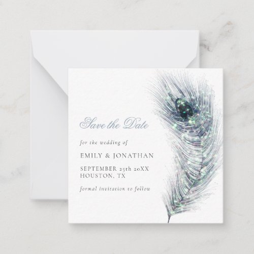 MINI SIZE  Peacock Feather Wedding Save The Date Note Card