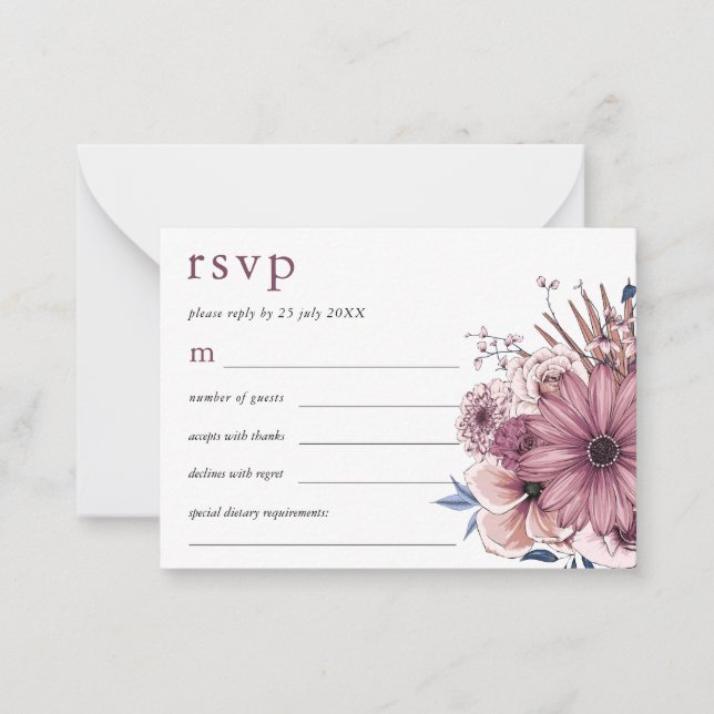 MINI SIZE Purple Berry Florals Wedding RSVP Note Card (Front)