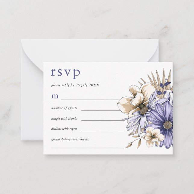 MINI SIZE Purple Cream Florals Wedding RSVP Note Card (Front)