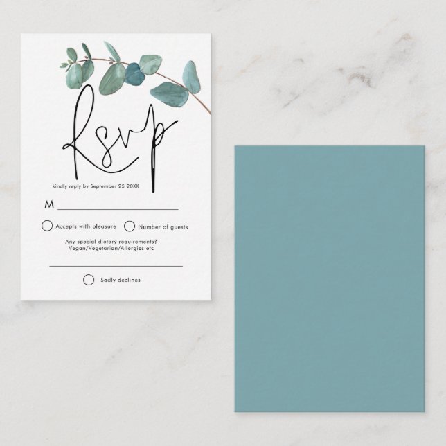 MINI SIZE Turquoise Eucalyptus Elegant Script RSVP Note Card (Front/Back)