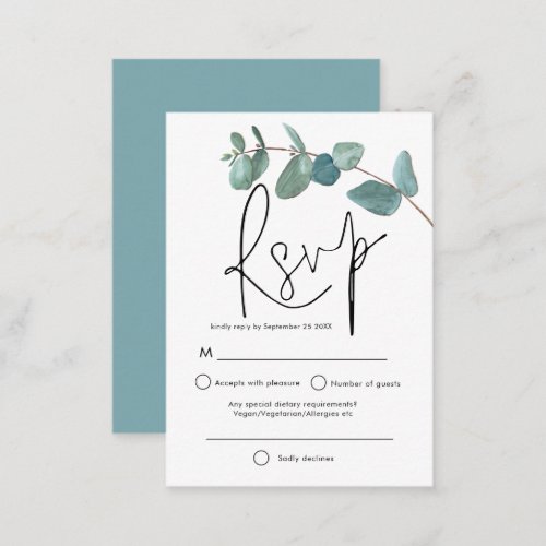 MINI SIZE Turquoise Eucalyptus Elegant Script RSVP Note Card