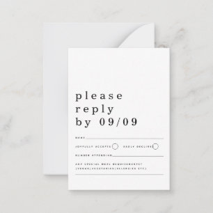 MINI SIZE Typography Black White Wedding RSVP Note Card