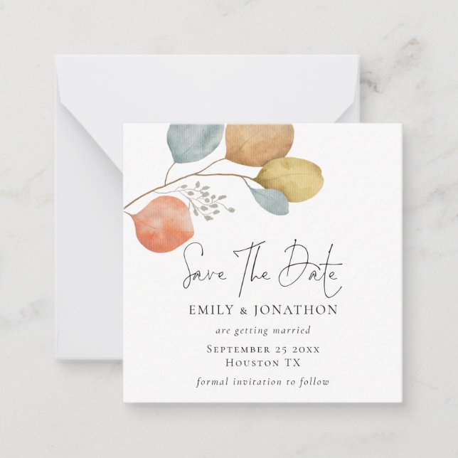 MINI | Trendy Watercolor Leaves Save The Date Note Card (Front)