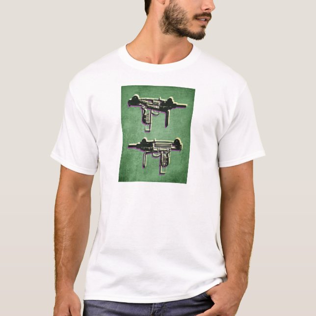 Mini Uzi Sub Machine Gun on Green T-Shirt (Front)