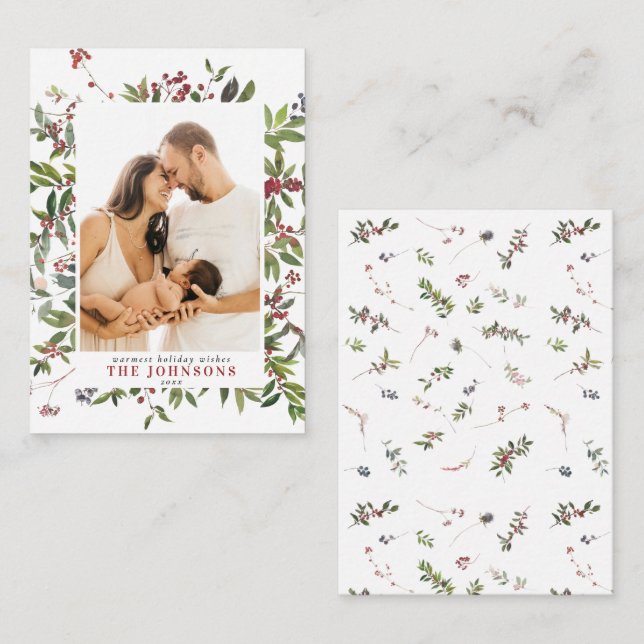 Mini Warm Winter Berry Merry Christmas Photo Note Card (Front/Back)