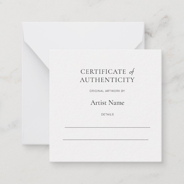 Mini White Certificate of Authenticity for Art  Note Card (Front)