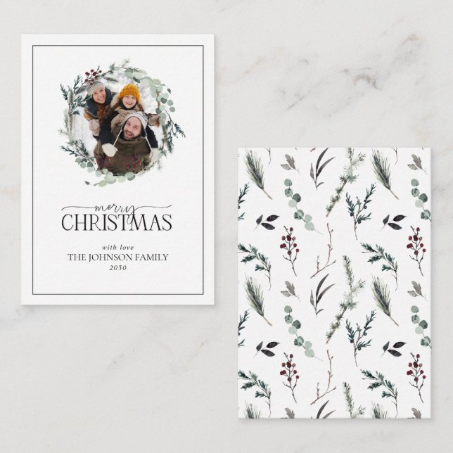Mini Winter Botanical Wreath Photo Merry Christmas Note Card (Front/Back)