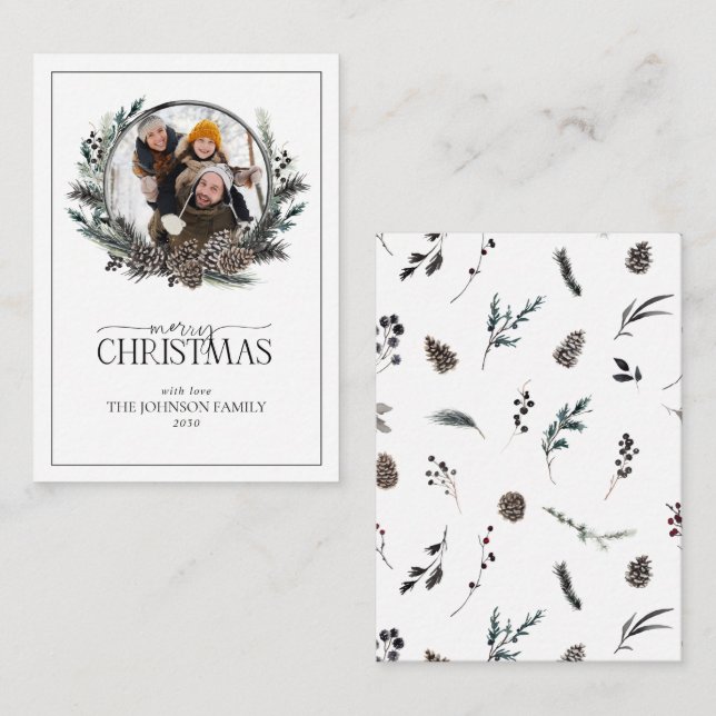 Mini Winter Family Photo Wreath Merry Christmas Note Card (Front/Back)