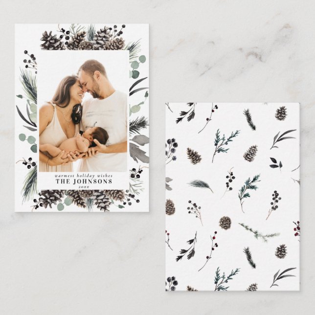 Mini Winter Pine Berry Christmas Family Photo Note Card (Front/Back)