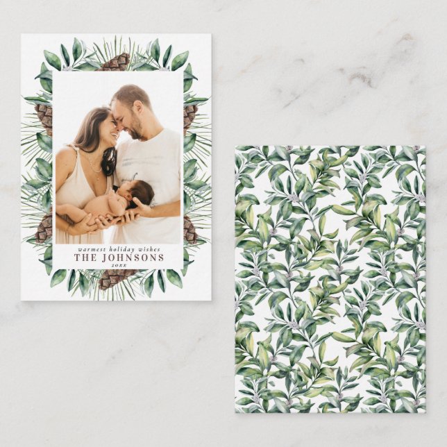 Mini Winter Pine Cone Berry Photo Christmas Script Note Card (Front/Back)