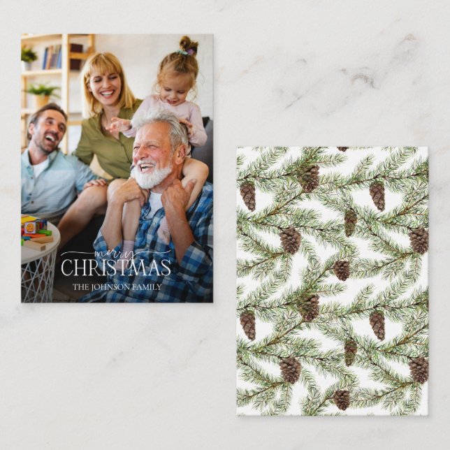 Mini Winter Pine Cone Berry Photo Merry Christmas Note Card (Front/Back)