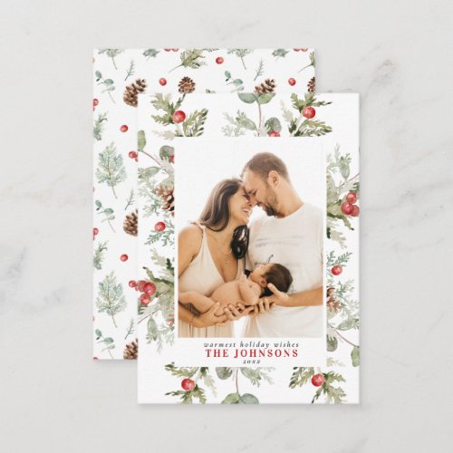 Mini Winter Pine Red Berry Christmas Photo Script Note Card