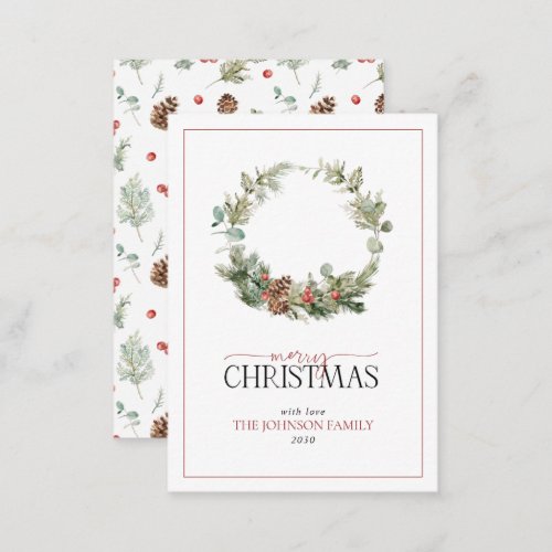 Mini Winter Pine Red Berry Merry Christmas Wreath Note Card