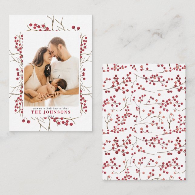 Mini Winter Red Berry Watercolor Christmas Photo Note Card (Front/Back)