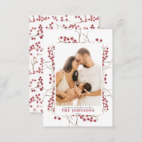 Mini Winter Red Berry Watercolor Christmas Photo Note Card