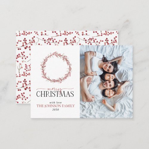 Mini Winter Red Berry Wreath Photo Merry Christmas Note Card