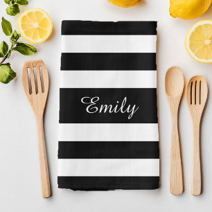 Minialist Black & White Stripes Pattern Name Print Towel