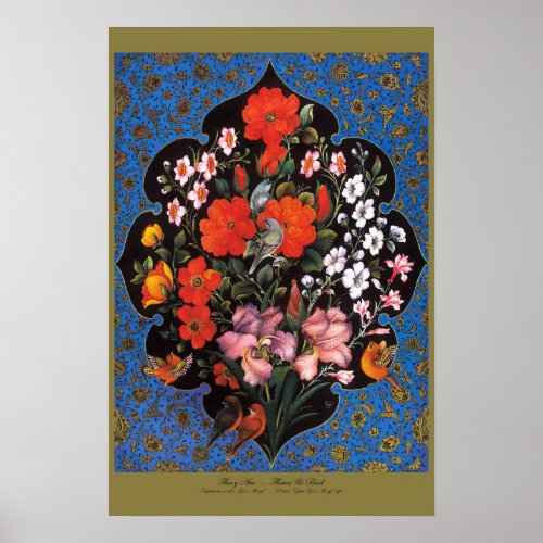 Miniatura del arte persa con escudo de flores y av poster