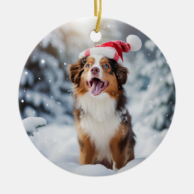 Miniature American Shepherd Dog Christmas Ceramic Ornament (Front)
