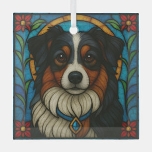Miniature American Shepherd Dog "Stained Glass" Glass Ornament