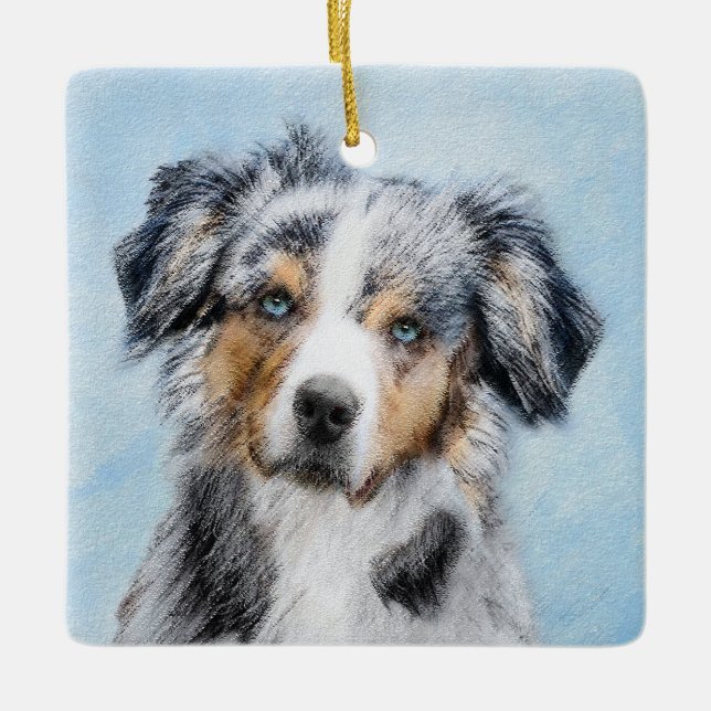 Miniature American Shepherd Painting - Dog Art Ceramic Ornament (Front)