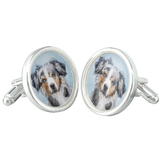 Miniature American Shepherd Painting - Dog Art Cufflinks (Angled)