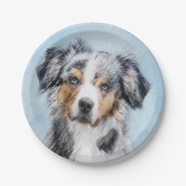 Miniature American Shepherd Painting - Dog Art Paper Plates (Front)