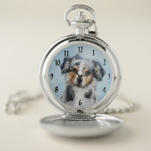 Miniature American Shepherd Painting - Dog Art Pocket Watch
