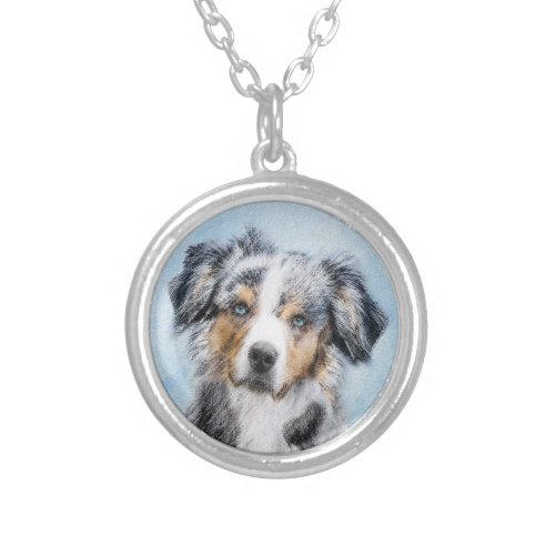 Miniature American Shepherd Painting _ Dog Art Silver Plated Necklace