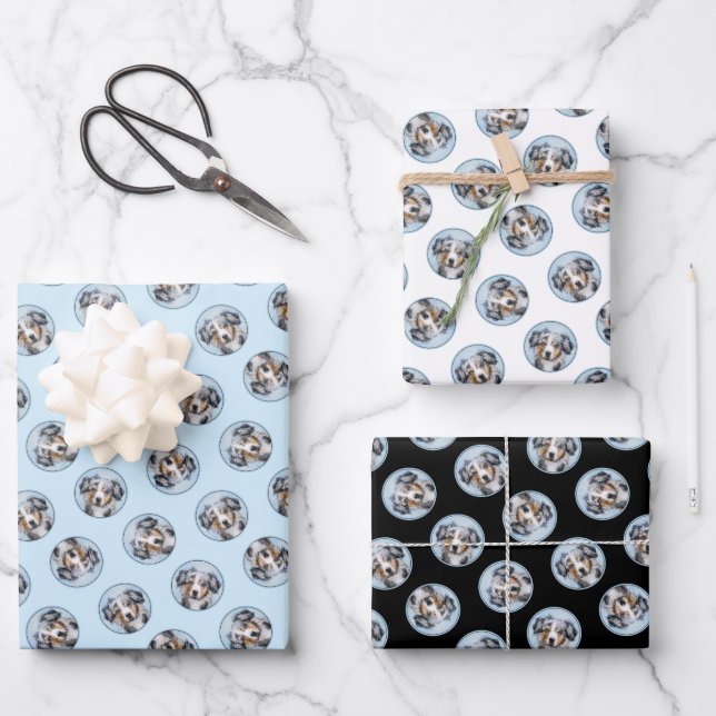 Miniature American Shepherd Painting MAS Dog Art Wrapping Paper Sheets (Front)