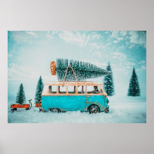 Miniature antique car carrying christmas tree on r poster