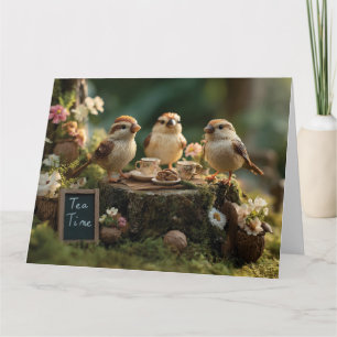 Miniature Bird Figurines Having a Forest Tea Party Card