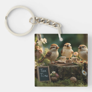 Miniature Bird Figurines Having a Forest Tea Party Keychain