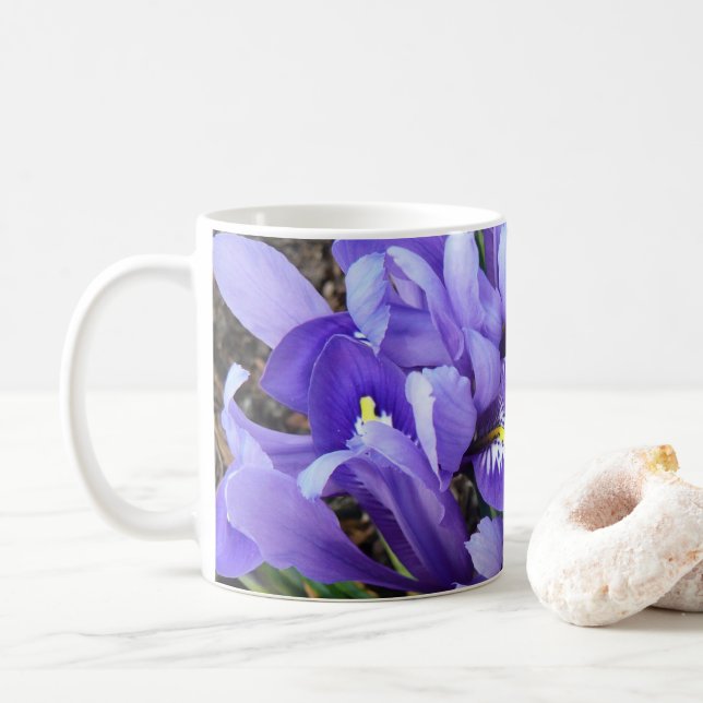 Miniature Blue Irises Spring Floral Coffee Mug (With Donut)