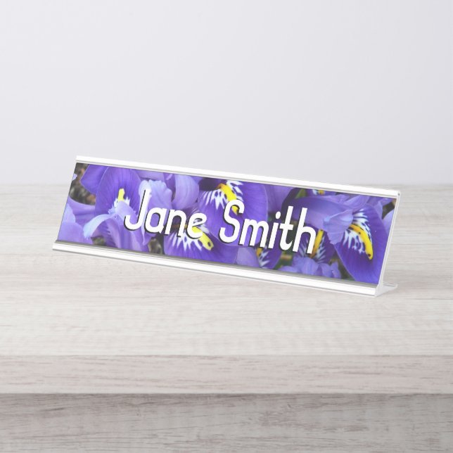 Miniature Blue Irises Spring Floral Desk Name Plate (Front)