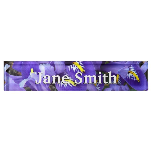 Miniature Blue Irises Spring Floral Desk Name Plate (Front)