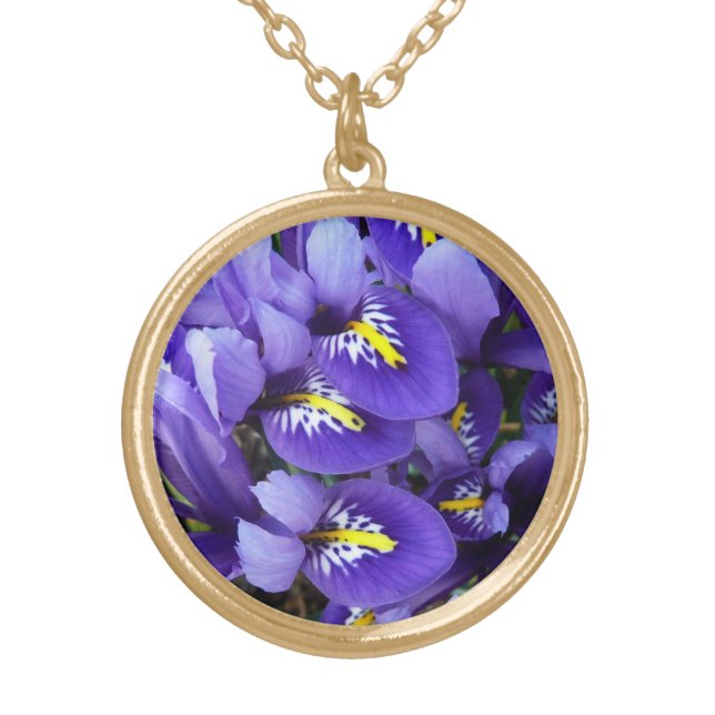 Miniature Blue Irises Spring Floral Gold Plated Necklace (Front)
