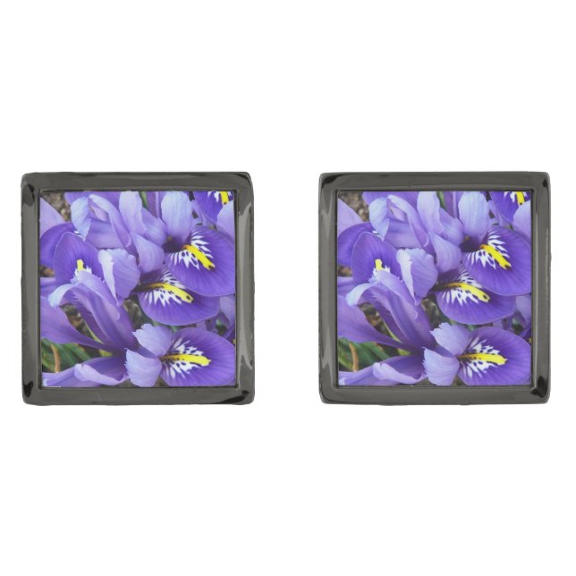 Miniature Blue Irises Spring Floral Gunmetal Finish Cufflinks (Front)