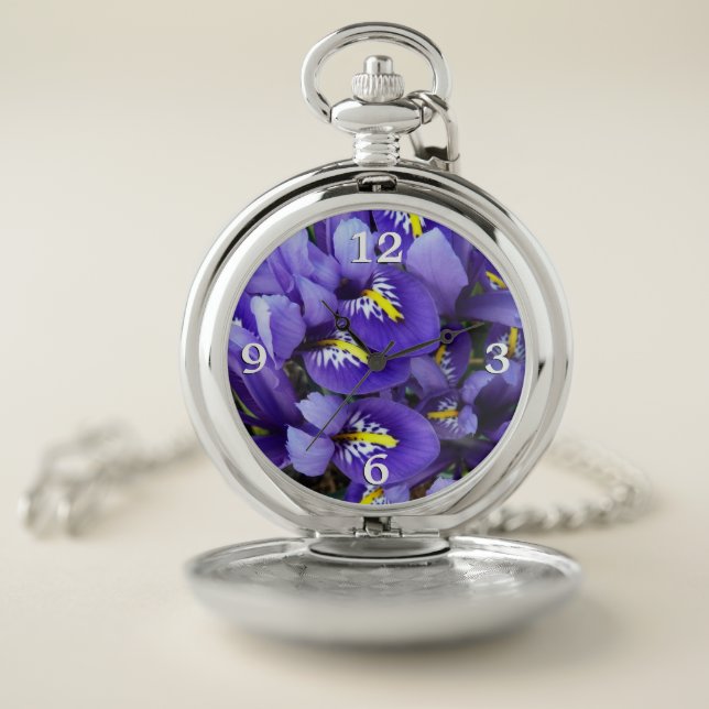 Miniature Blue Irises Spring Floral Pocket Watch (Inside)