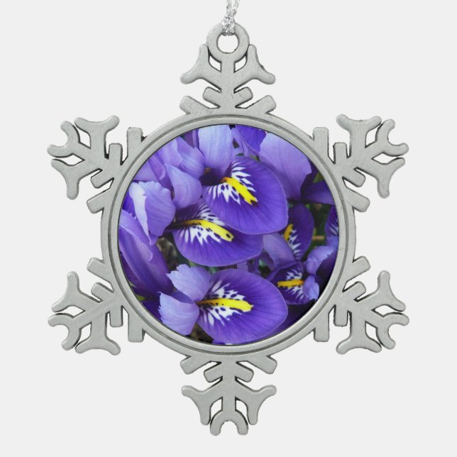 Miniature Blue Irises Spring Floral Snowflake Pewter Christmas Ornament (Front)