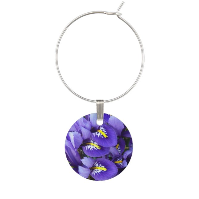 Miniature Blue Irises Spring Floral Wine Charm (Front)