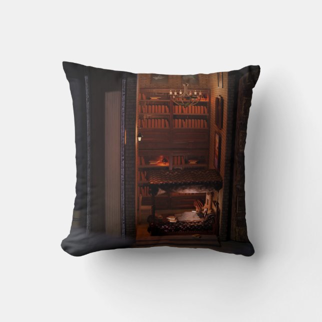 Miniature book nook diorama - reading in bed throw pillow (Front)
