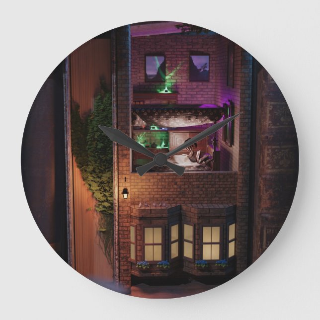 Miniature book nook diorama - reading upstairs large clock (Front)