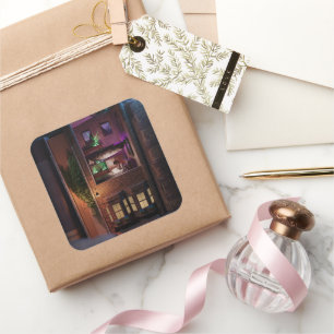 Miniature book nook diorama - reading upstairs square sticker