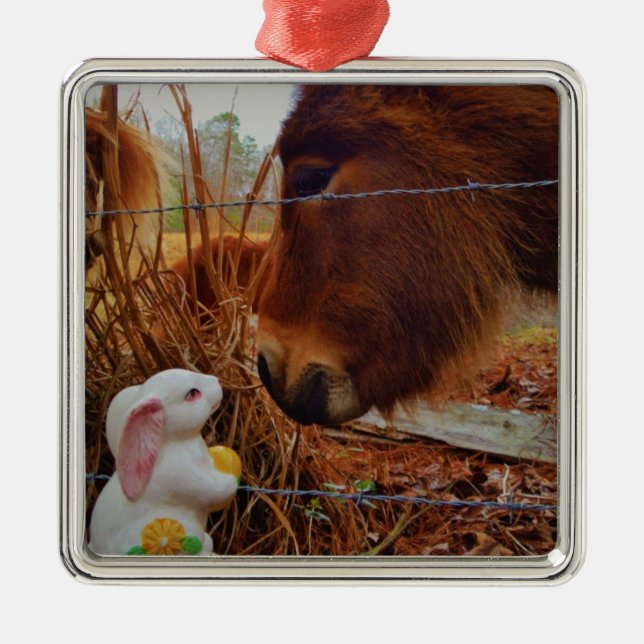 Miniature Brown horse & Easter Bunny Metal Ornament (Front)