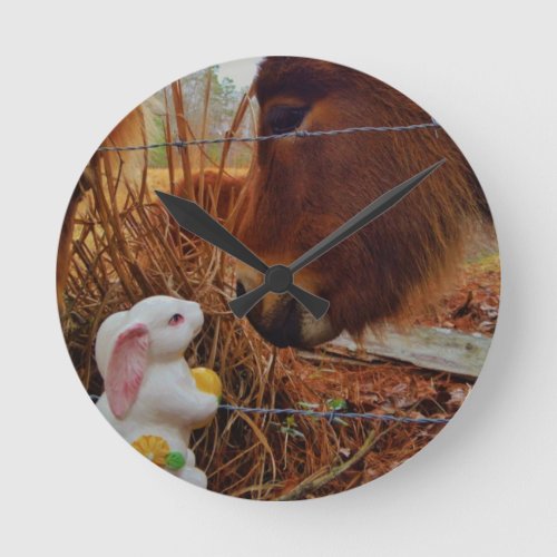 Miniature Brown horse  Easter Bunny Round Clock